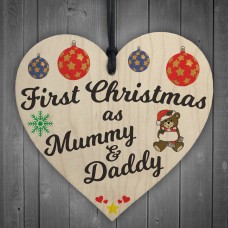 First Christmas Mummy Daddy Wooden Hanging Heart Plaque