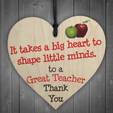 Great Teacher Big Heart Wooden Hanging Heart Thank You Plaque