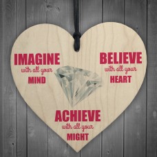 Imagine Believe Achieve Inspirational Wooden Hanging Heart 