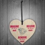 Imagine Believe Achieve Inspirational Wooden Hanging Heart 