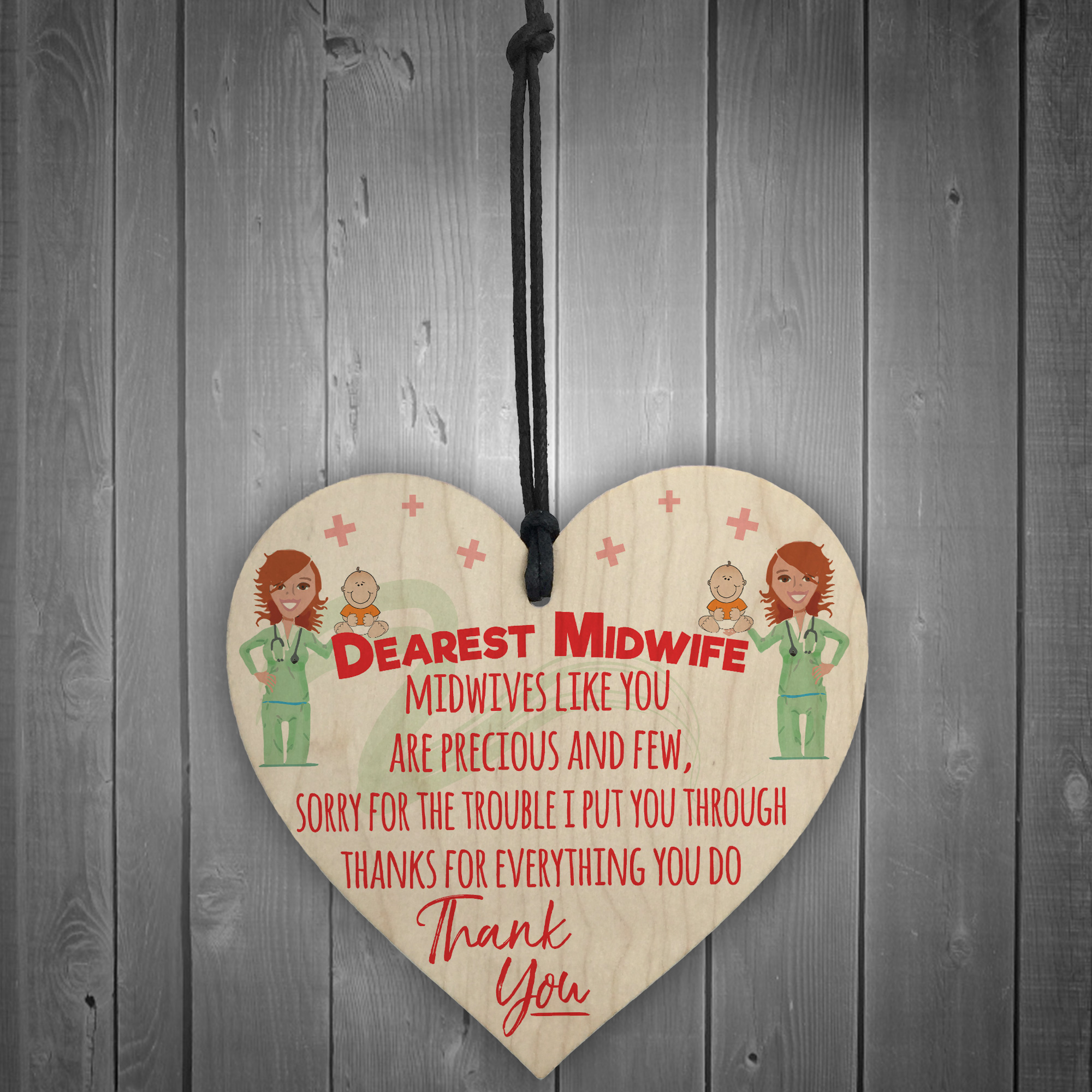 Dearest Midwife Thank You For Everything Hanging Heart Gift Sign