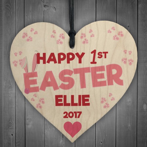 Happy First Easter Personalised Wooden Hanging Heart Plaque