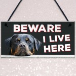 Beware I Live Here Rottweiler Hanging Plaque