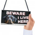 Beware I Live Here Rottweiler Hanging Plaque