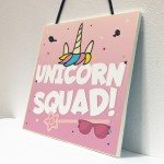 Colourful Pink UNICORN SQUAD Hanging Plaque Girls Bedroom Sign