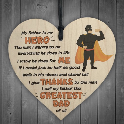 Hero Father Fathers Day Dad Daddy Wooden Hanging Heart Sign 