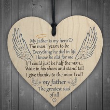 Father Is My Hero Memorial Wooden Hanging Heart Plaque Sign