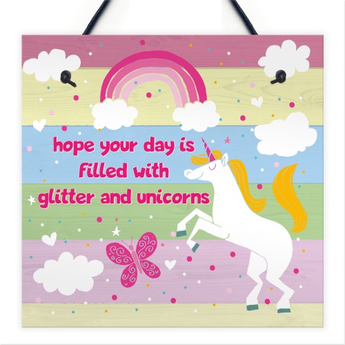 Glitter Unicorn Rainbow Plaque Girls Bedroom Accessory Pink Sign