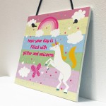 Glitter Unicorn Rainbow Plaque Girls Bedroom Accessory Pink Sign