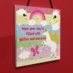 Glitter Unicorn Rainbow Plaque Girls Bedroom Accessory Pink Sign