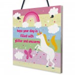 Glitter Unicorn Rainbow Plaque Girls Bedroom Accessory Pink Sign