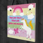 Glitter Unicorn Rainbow Plaque Girls Bedroom Accessory Pink Sign