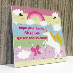 Glitter Unicorn Rainbow Plaque Girls Bedroom Accessory Pink Sign