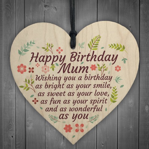 Wonderful Happy Birthday Mum Wooden Heart Mother Mummy Son