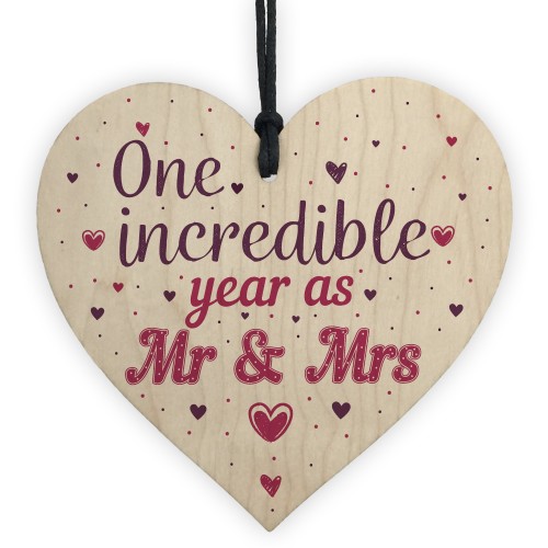 1st Wedding Anniversary Gift Wooden Heart Mr And Mrs One Year