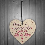 1st Wedding Anniversary Gift Wooden Heart Mr And Mrs One Year