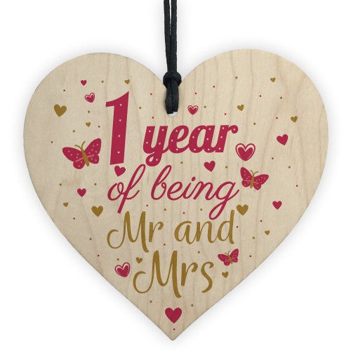 1 Year Anniversary Wooden Heart Plaque Mr And Mrs Wedding Gift