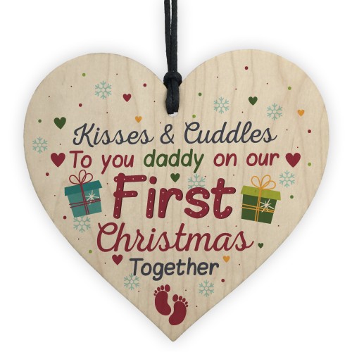 1st First Christmas DAD Gift Bauble Decoration Wooden Heart Sign