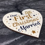 First Christmas Married Wooden Xmas Tree Decoration Heart Bauble
