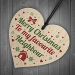 Merry Christmas Card Favourite Neighbour Wooden Heart Plaque