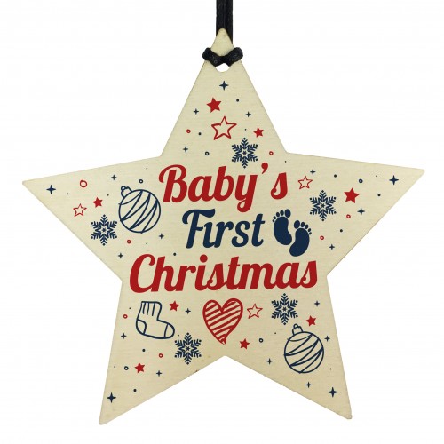 Babys First Christmas Gift Wooden Star Tree Bauble 1st Xmas Gift