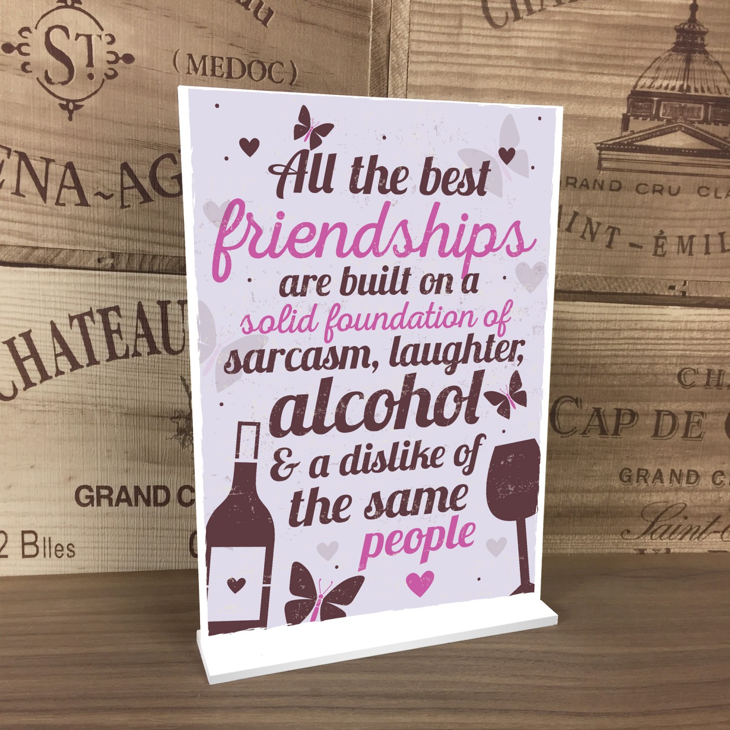 Laughter Alcohol & A Dislike Of The Same People Novelty Hanging Wooden Plaque Best Friends Funny Gift Sign Red Ocean All The Best Friendships Are Built On A Solid Foundation Of Sarcasm 