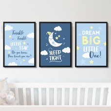 Blue Nursery Prints Set of 3 Baby Boys Girls Bedroom Wall Art