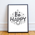 BE HAPPY White Grey Nursery Framed Prints / Baby Room Nursery