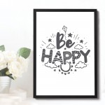 BE HAPPY White Grey Nursery Framed Prints / Baby Room Nursery