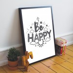 BE HAPPY White Grey Nursery Framed Prints / Baby Room Nursery