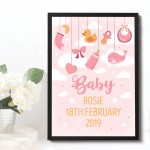 FRAMED Birth Details Print PERSONALISED Baby Girl Gift Pink Art 
