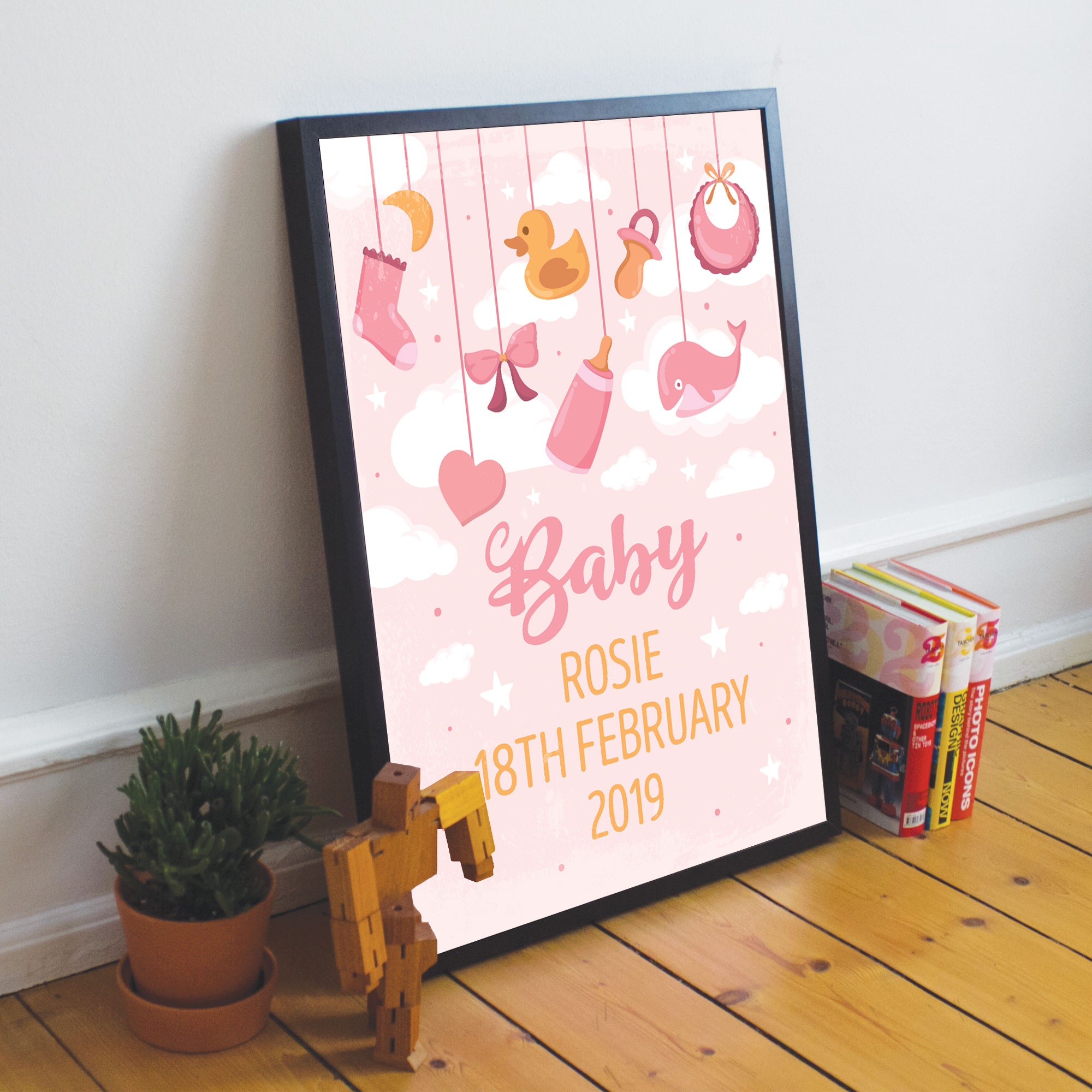 FRAMED Birth Details Print PERSONALISED Baby Girl Gift Pink Art