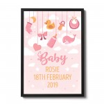 FRAMED Birth Details Print PERSONALISED Baby Girl Gift Pink Art 