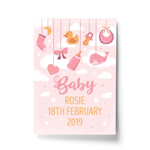 Birth Details Print PERSONALISED Baby Girl Gift Pink Nursery Art