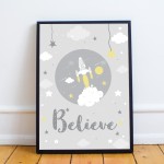 Nursery Believe Quote Print Framed Baby Boy Nursery Decor Gift