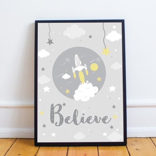 Nursery Believe Quote Print Framed Baby Boy Nursery Decor Gift