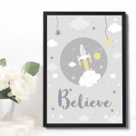 Nursery Believe Quote Print Framed Baby Boy Nursery Decor Gift