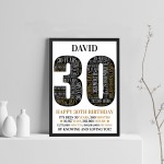 30th Birthday Gift Personalised Word Art Print 30th Accessories