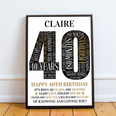 40th Birthday Gift Personalised Word Art Print 40th Birthday Gif