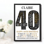 40th Birthday Gift Personalised Word Art Print 40th Birthday Gif