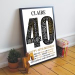 40th Birthday Gift Personalised Word Art Print 40th Birthday Gif