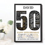 50th Birthday Gift Personalised Word Art Print 50th Birthday Gif