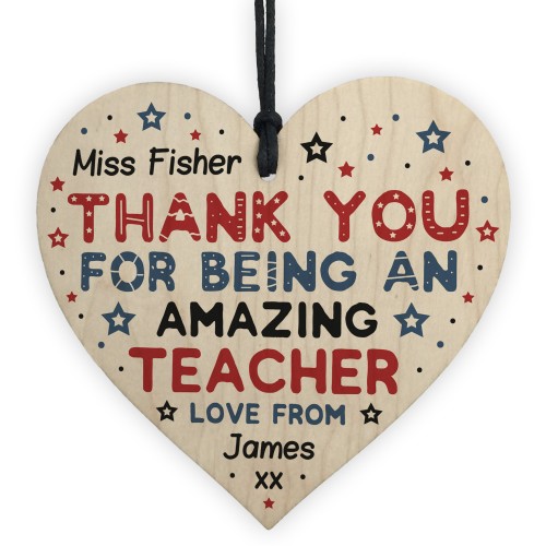 Personalised Amazing Teacher Gift Wooden Heart Thank you