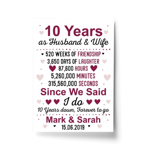 10th Wedding Anniversary Gift Wife Husband Personalised