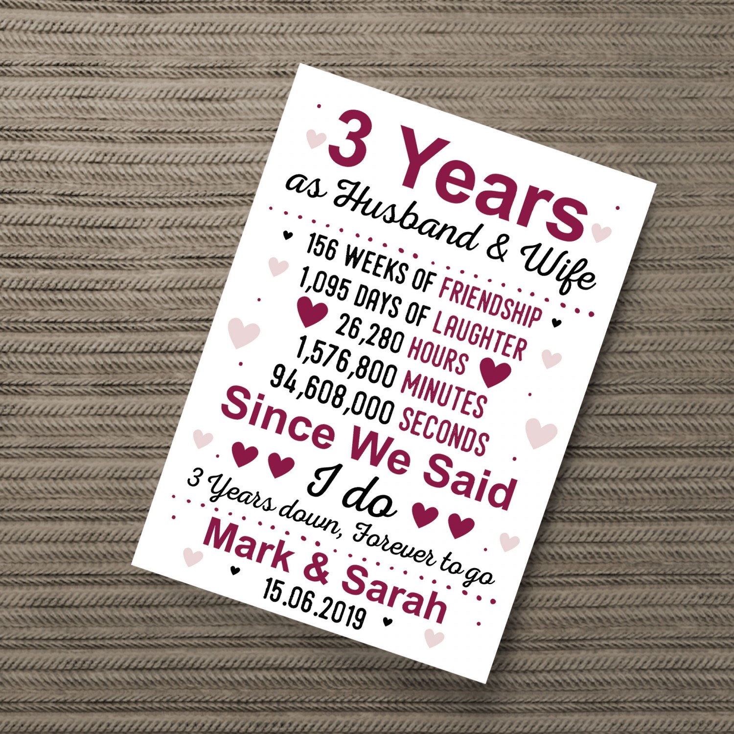 3rd Wedding Anniversary Gift Husband Wife Personalised Gift