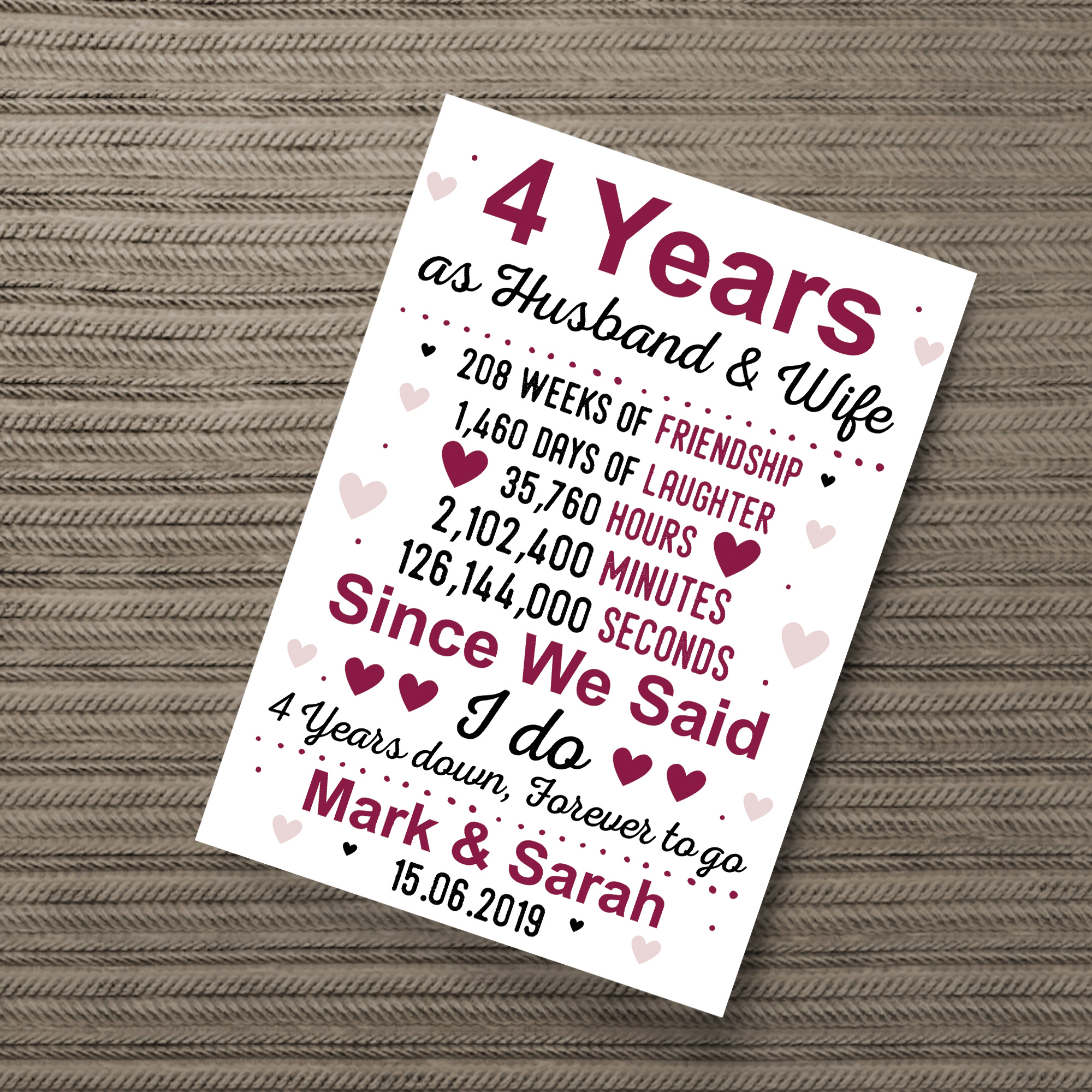 4th Wedding Anniversary Gift Husband Wife Personalised Gifts