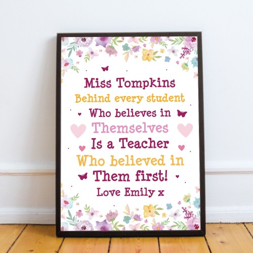 Personalised Teacher Leaving Gift Floral Framed Print Thank You