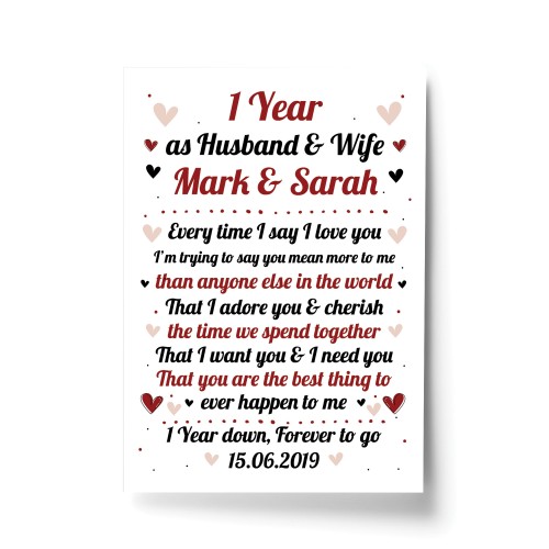 1st Wedding Anniversary Gift For Husband or Wife Print Keepsake 
