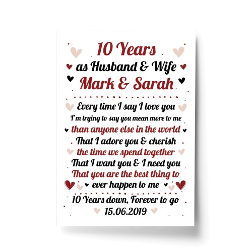 10th Wedding Anniversary Gift For Husband or Wife Print Keepsake