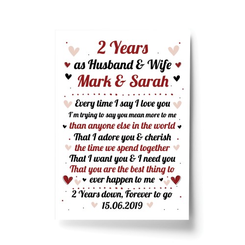 2nd Wedding Anniversary Gift For Husband or Wife Print Keepsake 